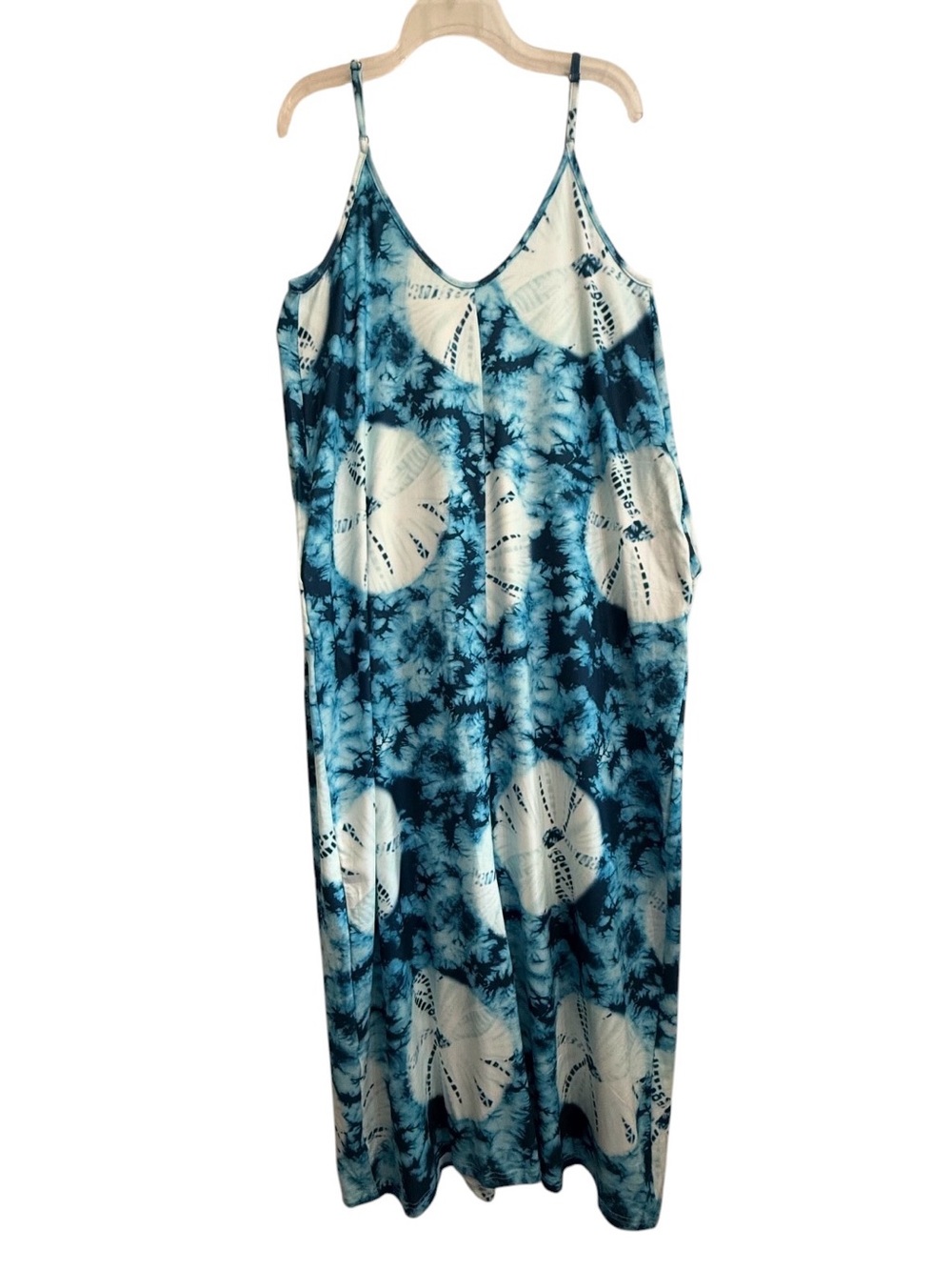 NWT POETSKY Blue Tie-Dye Spaghetti Strap Maxi Dress X-Large Flowy Pockets